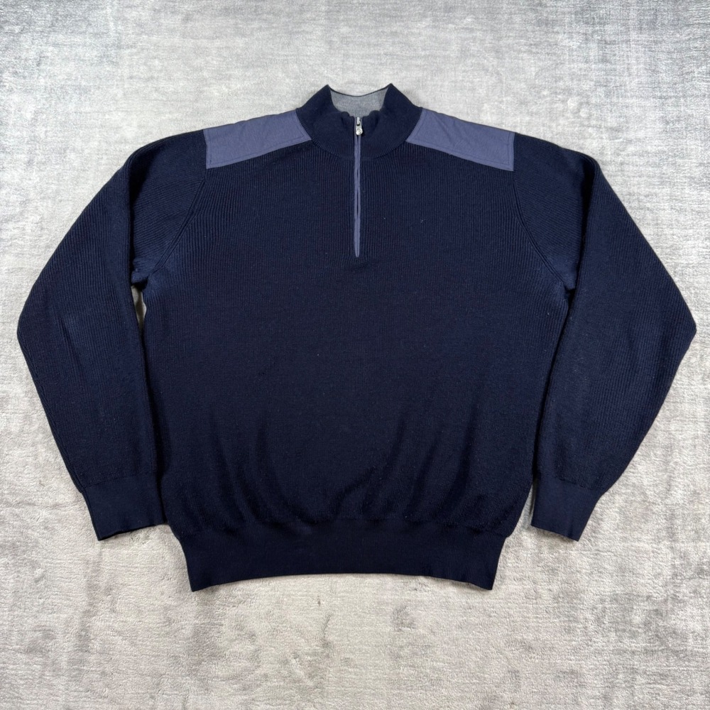 Peter Millar Sweater Mens Large Navy Blue Merino Wool Quarter Zip Shoulder Patch